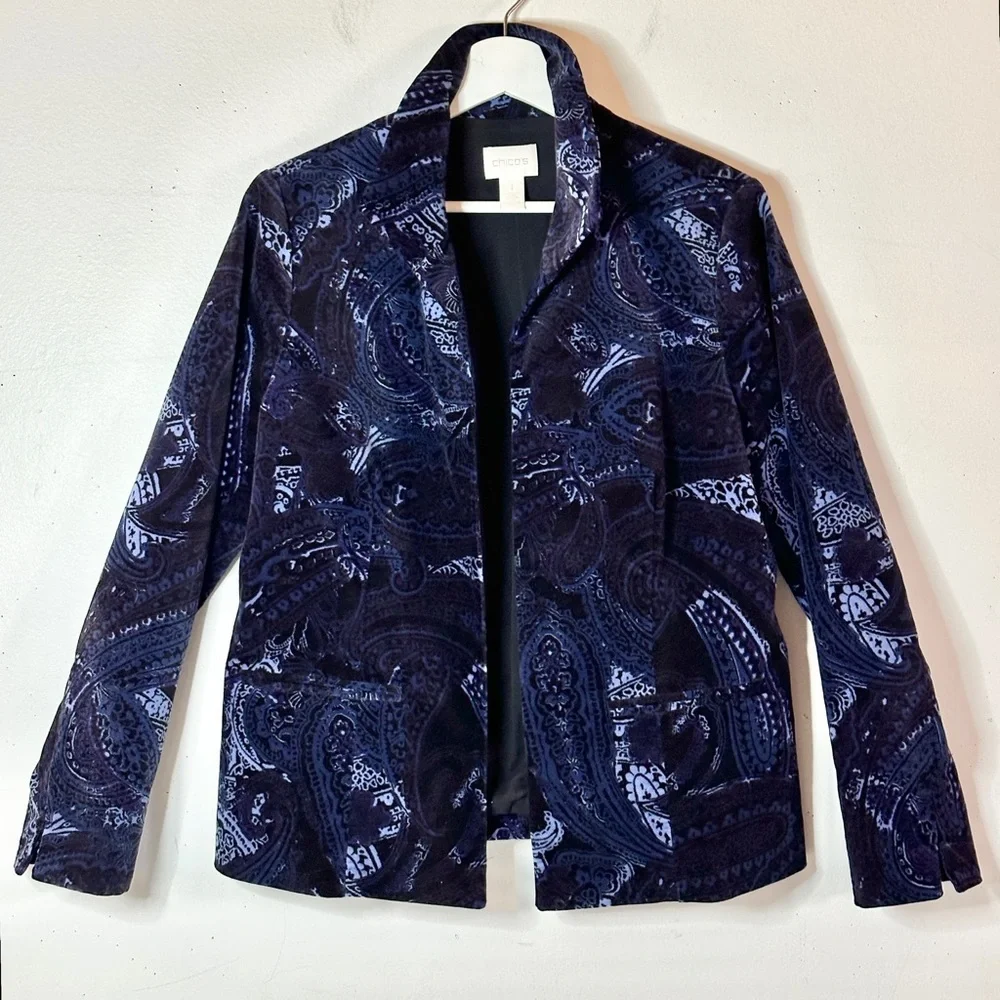 Chico’s Velvet Paisley Blazer 1 M 8/10 Blue - Picture 7 of 12
